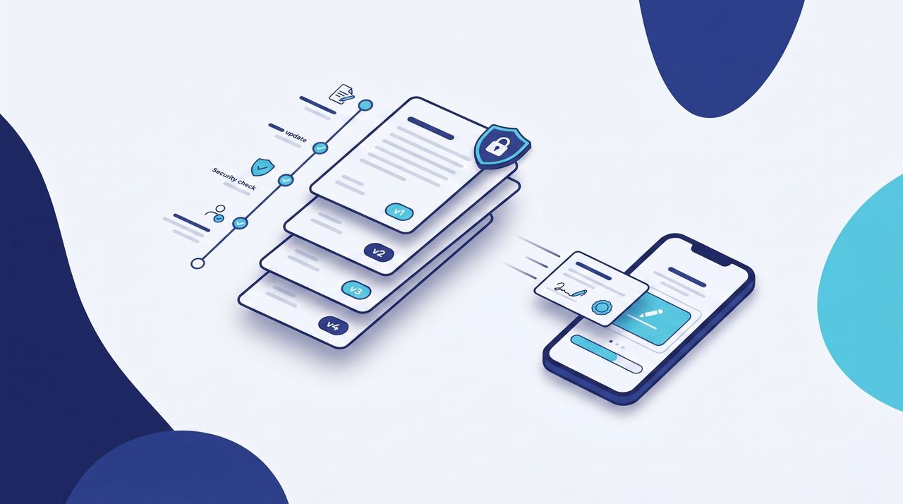 An isometric stack of document versions v1 through v4 with a security shield and audit-trail timeline, alongside a phone showing an e-signature synced to the client portal.